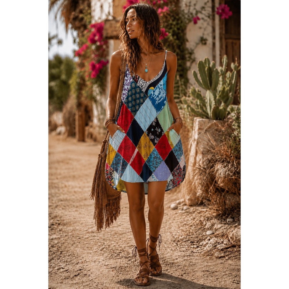 Advance Apparels Patchwork Mini Dress Bohemian Sleeveless Multi Color OSFM